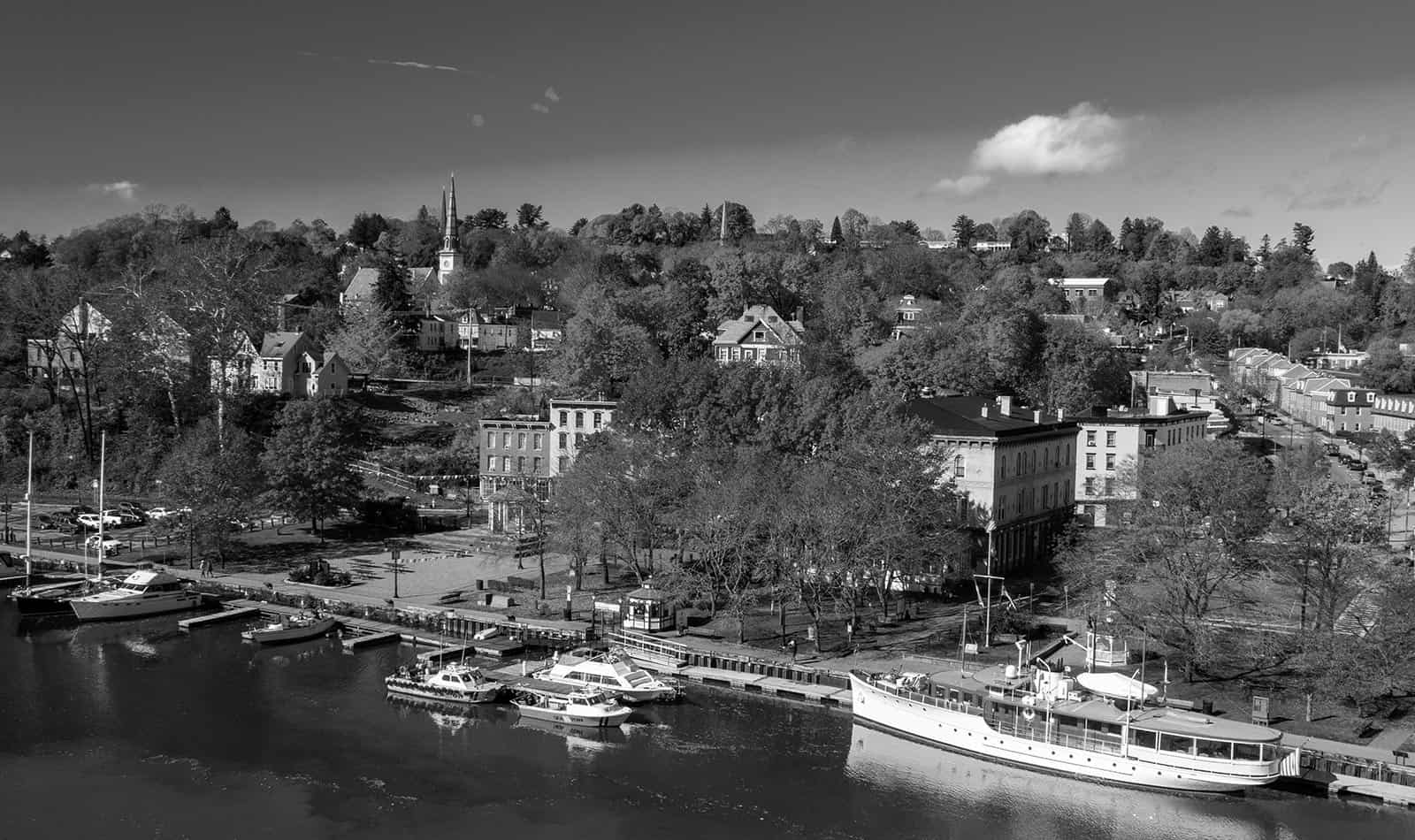 A black and white photo of the Kingston Rondout waterfront district.
