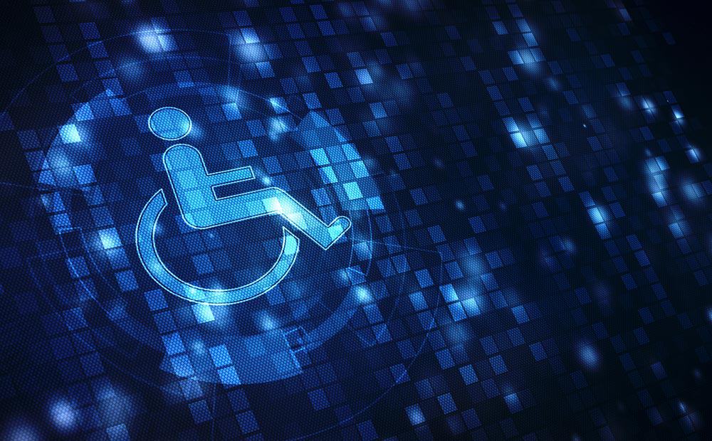 An accessibility icon featuring a wheelchair on a blue abstract background